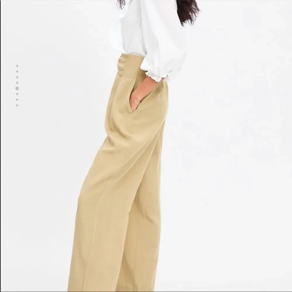 ZARA High Waisted Linen Wide Leg Pants Camel Tan M